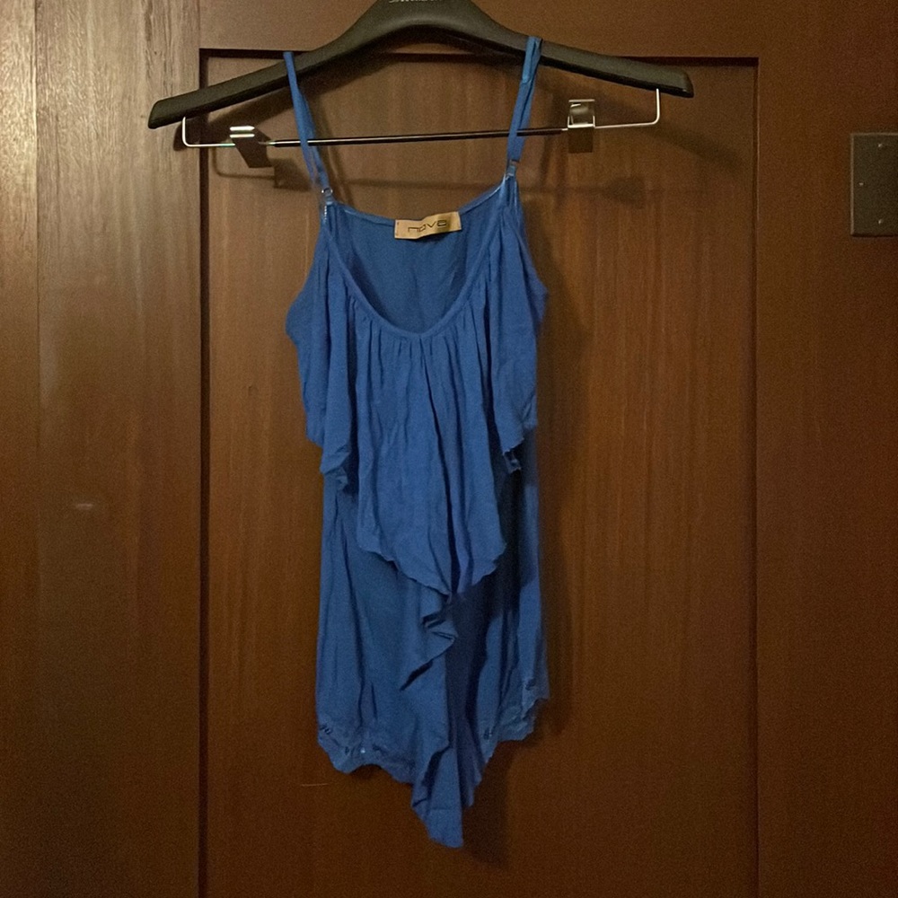 Blue Fluttery Draped Front Spaghetti Strap Tank with Lace Trim